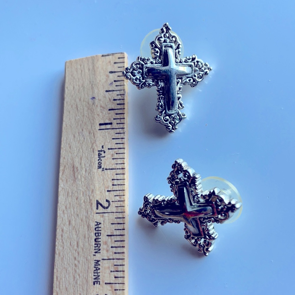 Cross Earrings Silver Filigree Post - Picture 3 of 3